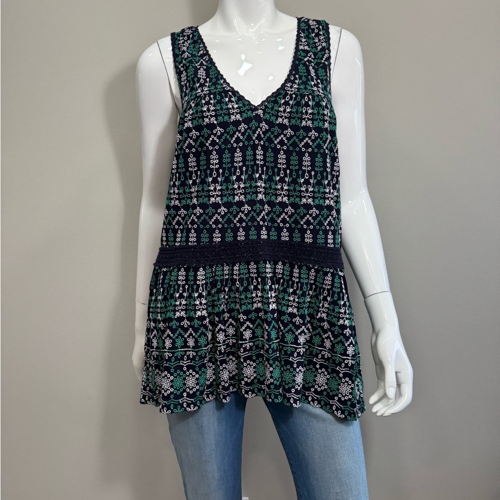 MAEVE Women's Sleeveless Patterned Embroidered Top - Navy White and Green Large
